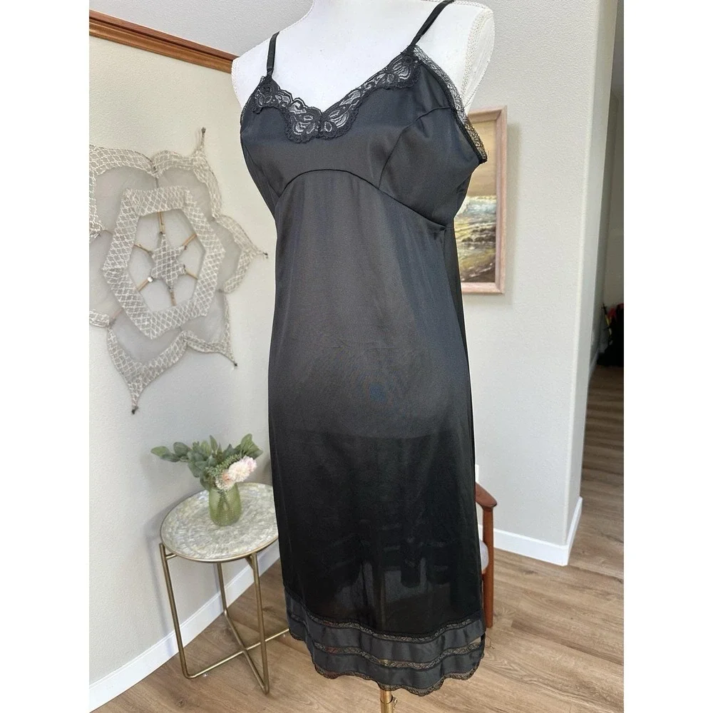 Vintage Nylon Union made in USA JC Penney Adonna Black Lace trim Slip
